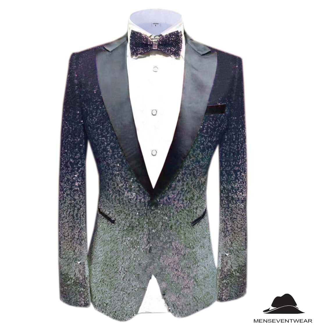 Men Fashion Gradual Change Color Sequins Tuxedos Suit Peak Lapel Blazer mens event wear