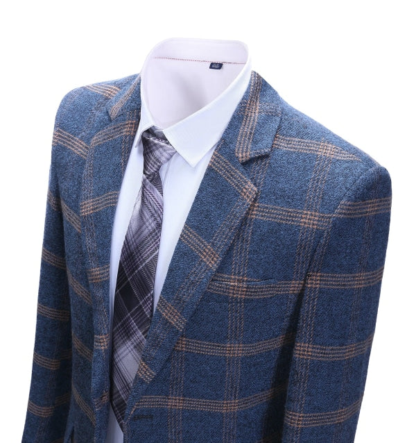 Men's 2 Pieces Formal Royal Blue Plaid Notch Lapel Tuxedos for Wedding(Blazer+Pants) mens event wear