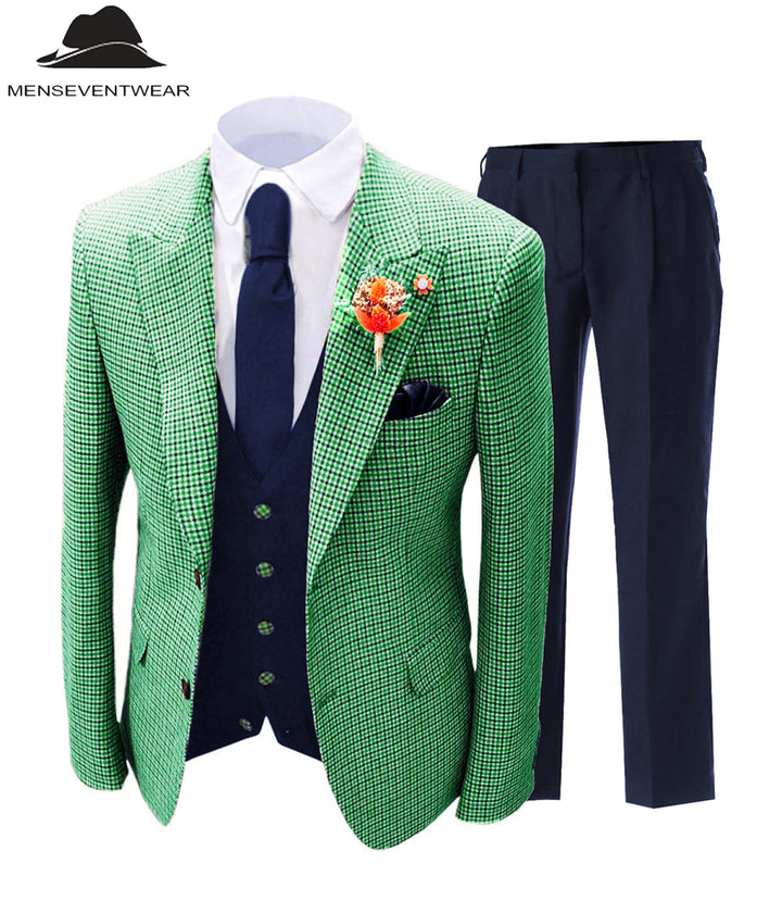 Men's 3 Pieces Houndstooth Peak Lapel Tuxedos (Blazer+vest+Pants) mens event wear