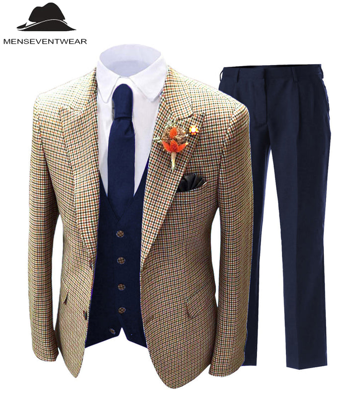 Men's 3 Pieces Houndstooth Peak Lapel Tuxedos (Blazer+vest+Pants) mens event wear