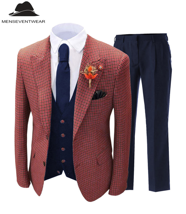 Men's 3 Pieces Houndstooth Peak Lapel Tuxedos (Blazer+vest+Pants) mens event wear