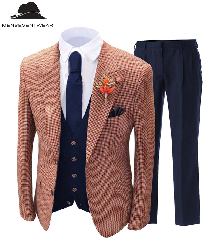 Men's 3 Pieces Houndstooth Peak Lapel Tuxedos (Blazer+vest+Pants) mens event wear