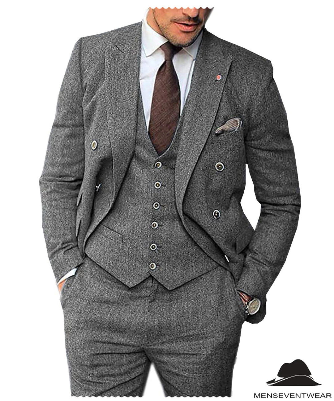 Men's 3 Pieces Mens Suit Classic Herringbone Tweed Notch Lapel Tuxedos (Blazer+vest+Pants) mens event wear