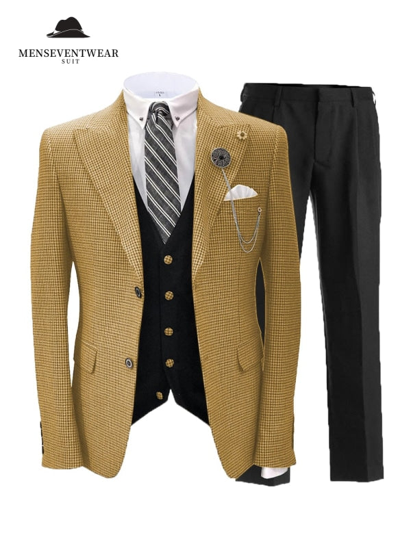 Men's 3 Pieces Slim Fit Houndstooth Peak Lapel Tuxedos (Blazer+vest+Pants) mens event wear