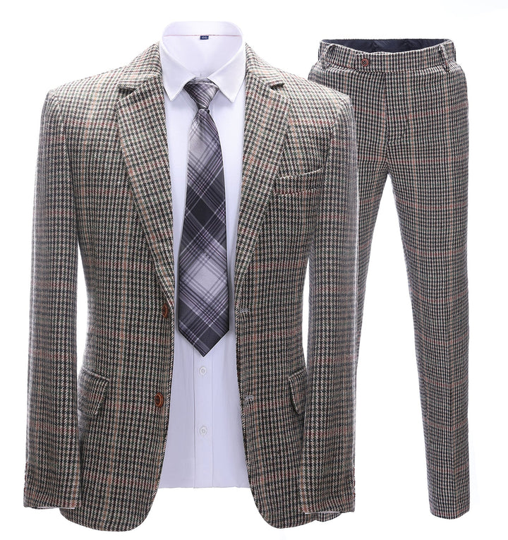 Men's Business 2 Pieces Formal Khaki Plaid Notch Lapel Tuxedos for Wedding(Blazer+Pants) mens event wear