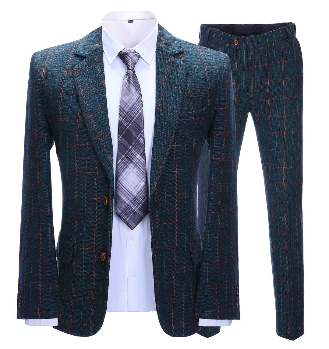 Men's Business 2 Pieces Formal Tweed Navy Plaid Notch Lapel Tuxedos for Wedding (Blazer+Pants) mens event wear