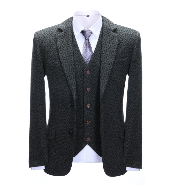 Men's Business 3 Pieces Formal Black Plaid Tweed Notch Lapel (Blazer+vest+Pants) Adam Reed