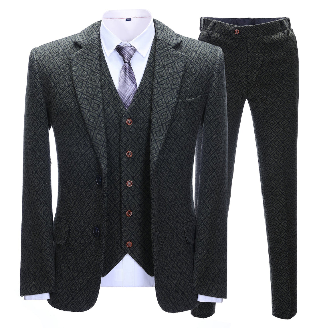 Men's Business 3 Pieces Formal Black Plaid Tweed Notch Lapel (Blazer+vest+Pants) Adam Reed