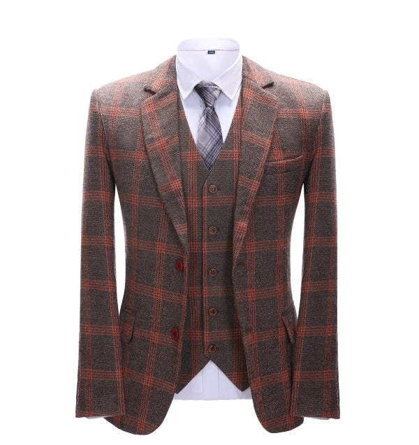 Men's Business 3 Pieces Formal Burgundy Plaid Tweed Notch Lapel Suit (Blazer+vest+Pants) Adam Reed