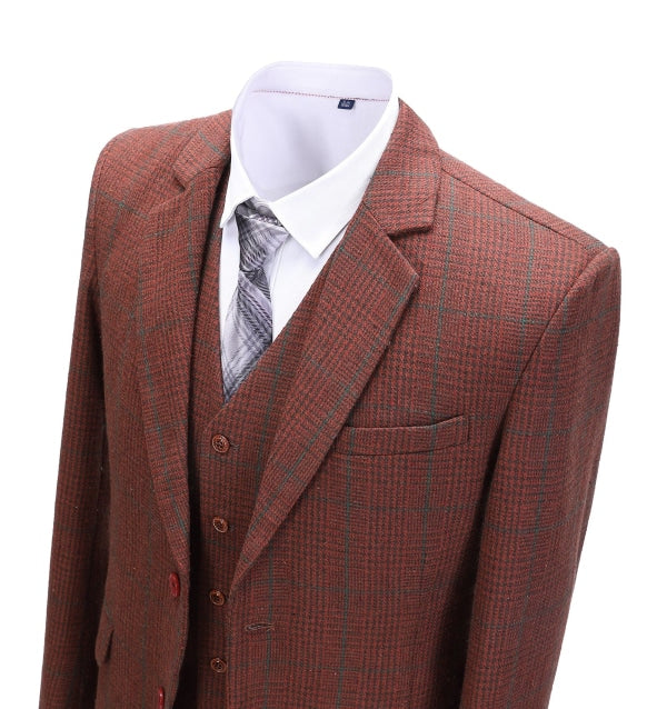 Men's Business 3 Pieces Formal Burgundy Plaid Tweed Notch Lapel Suit (Blazer+vest+Pants) Adam Reed