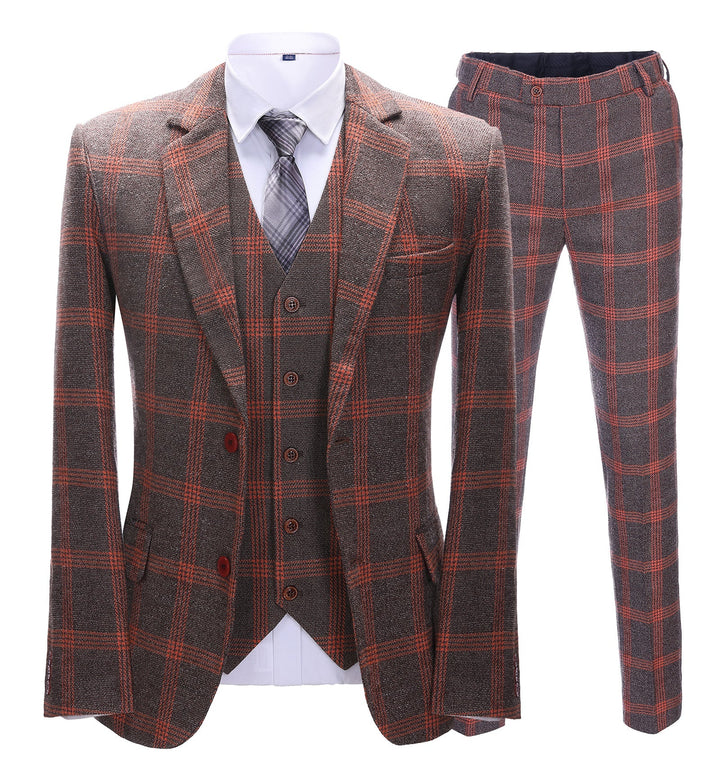 Men's Business 3 Pieces Formal Burgundy Plaid Tweed Notch Lapel Suit (Blazer+vest+Pants) Adam Reed