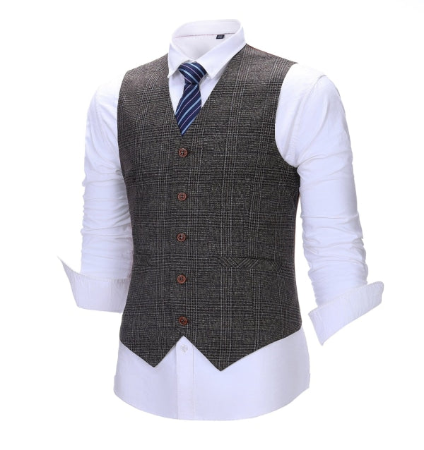 Men's Business 3 Pieces Formal Dark Coffee Tweed Notch Lapel Suit (Blazer+vest+Pants) Adam Reed