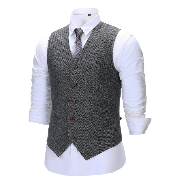 Men's Business 3 Pieces Formal Dark Grey Herringbone Notch Lapel Suit (Blazer+vest+Pants) Adam Reed