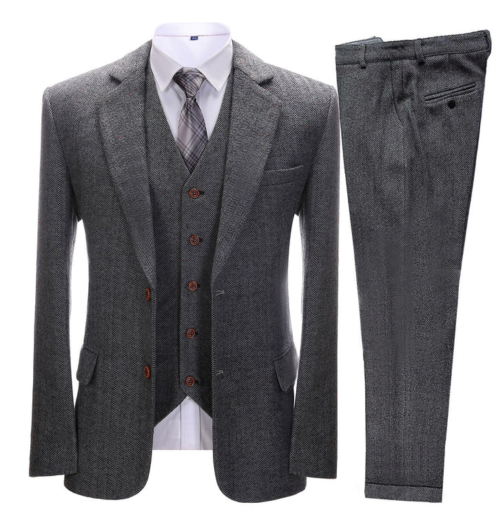 Men's Business 3 Pieces Formal Dark Grey Herringbone Notch Lapel Suit (Blazer+vest+Pants) Adam Reed