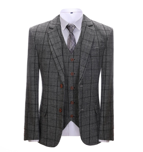 Men's Business 3 Pieces Formal Dark Grey Plaid Tweed Notch Lapel Suit (Blazer+vest+Pants) Adam Reed