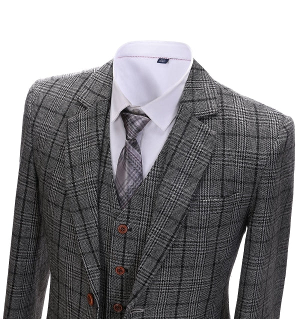 Men's Business 3 Pieces Formal Dark Grey Plaid Tweed Notch Lapel Suit (Blazer+vest+Pants) Adam Reed