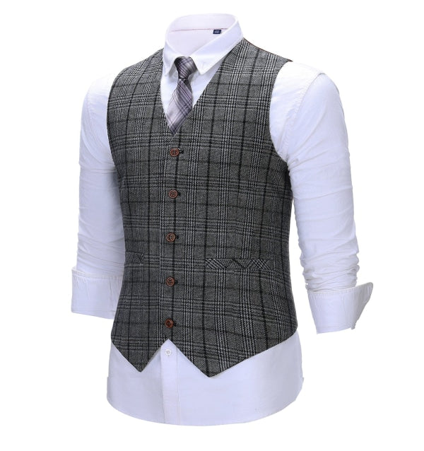 Men's Business 3 Pieces Formal Dark Grey Plaid Tweed Notch Lapel Suit (Blazer+vest+Pants) Adam Reed