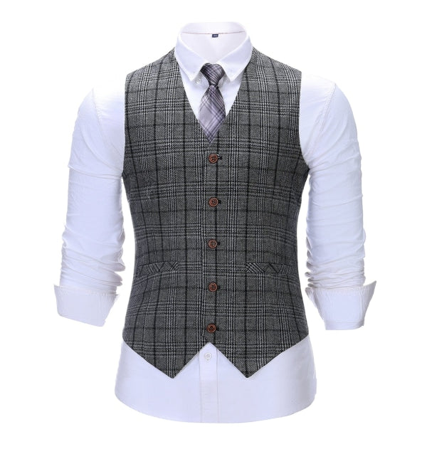 Men's Business 3 Pieces Formal Dark Grey Plaid Tweed Notch Lapel Suit (Blazer+vest+Pants) Adam Reed