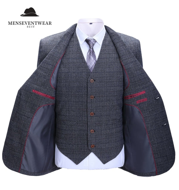 Men's Business 3 Pieces Formal Dark Grey Tweed Notch Lapel Suit (Blazer+vest+Pants) Adam Reed