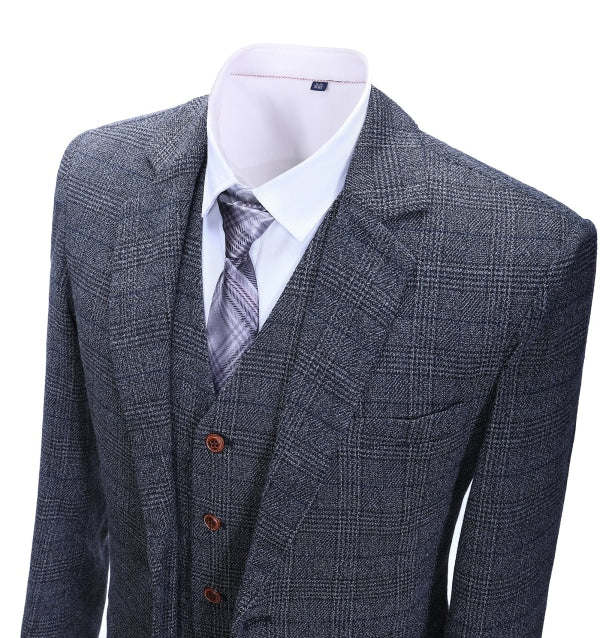 Men's Business 3 Pieces Formal Dark Grey Tweed Notch Lapel Suit (Blazer+vest+Pants) Adam Reed