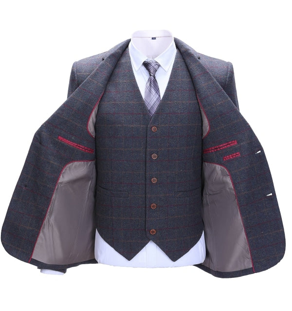 Men's Business 3 Pieces Formal Dark Grey Tweed Plaid Notch Lapel Suit (Blazer+vest+Pants) Adam Reed