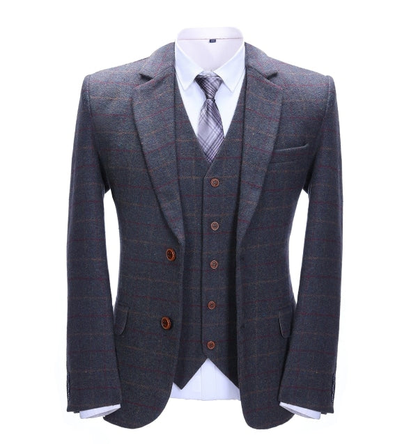Men's Business 3 Pieces Formal Dark Grey Tweed Plaid Notch Lapel Suit (Blazer+vest+Pants) Adam Reed