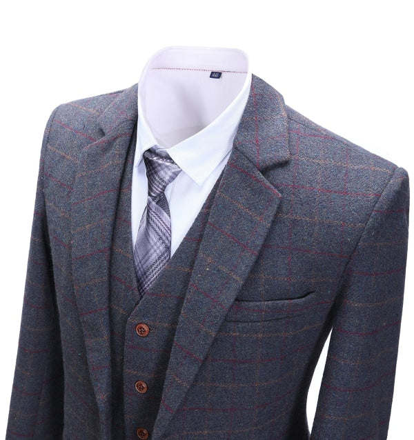 Men's Business 3 Pieces Formal Dark Grey Tweed Plaid Notch Lapel Suit (Blazer+vest+Pants) Adam Reed