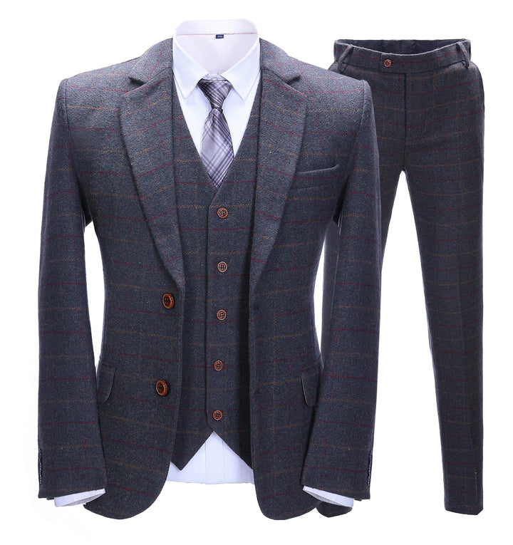 Men's Business 3 Pieces Formal Dark Grey Tweed Plaid Notch Lapel Suit (Blazer+vest+Pants) Adam Reed