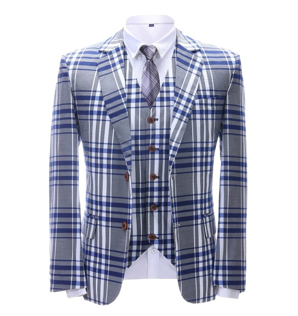 Men's Business 3 Pieces Formal Grey Plaid Notch Lapel Suit (Blazer+vest+Pants) Adam Reed