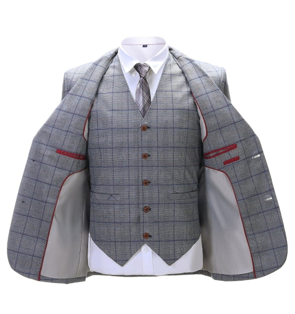 Men's Business 3 Pieces Formal Grey Plaid Solid Notch Lapel Suit (Blazer+Vest+Pants) Adam Reed