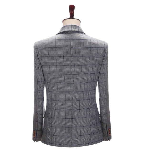 Men's Business 3 Pieces Formal Grey Plaid Solid Notch Lapel Suit (Blazer+Vest+Pants) Adam Reed