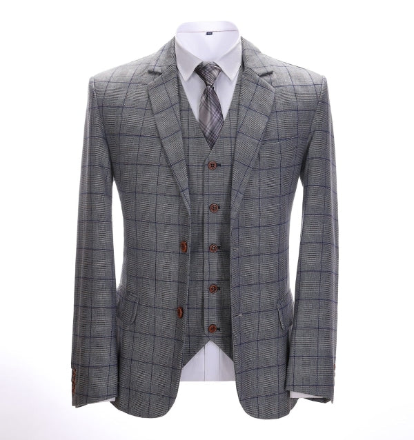 Men's Business 3 Pieces Formal Grey Plaid Solid Notch Lapel Suit (Blazer+Vest+Pants) Adam Reed