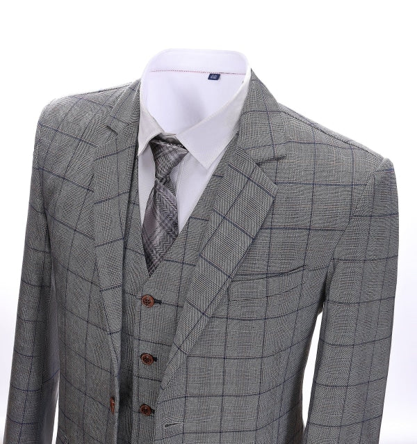 Men's Business 3 Pieces Formal Grey Plaid Solid Notch Lapel Suit (Blazer+Vest+Pants) Adam Reed