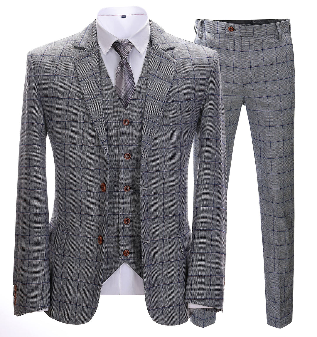 Men's Business 3 Pieces Formal Grey Plaid Solid Notch Lapel Suit (Blazer+Vest+Pants) Adam Reed