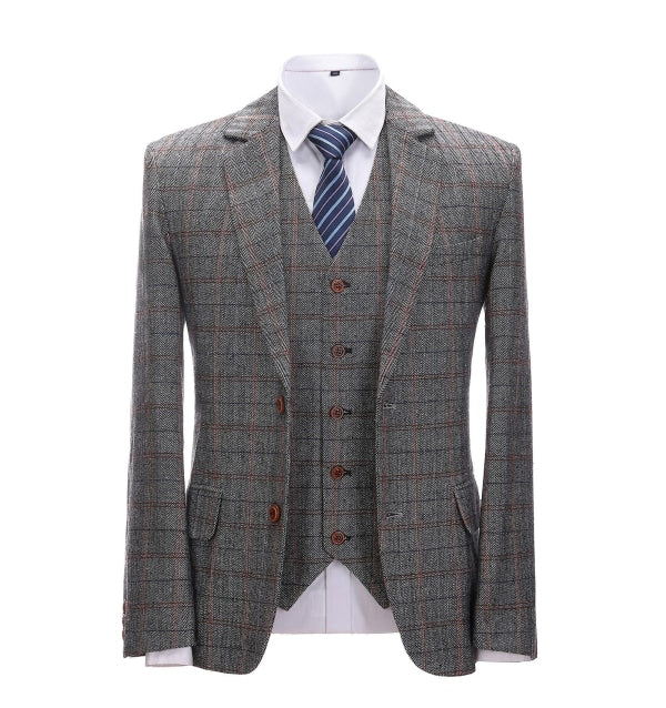 Men's Business 3 Pieces Formal Grey Plaid Tweed Notch Lapel Suit (Blazer+vest+Pants) Adam Reed