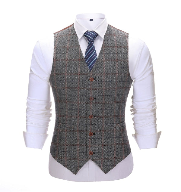 Men's Business 3 Pieces Formal Grey Plaid Tweed Notch Lapel Suit (Blazer+vest+Pants) Adam Reed