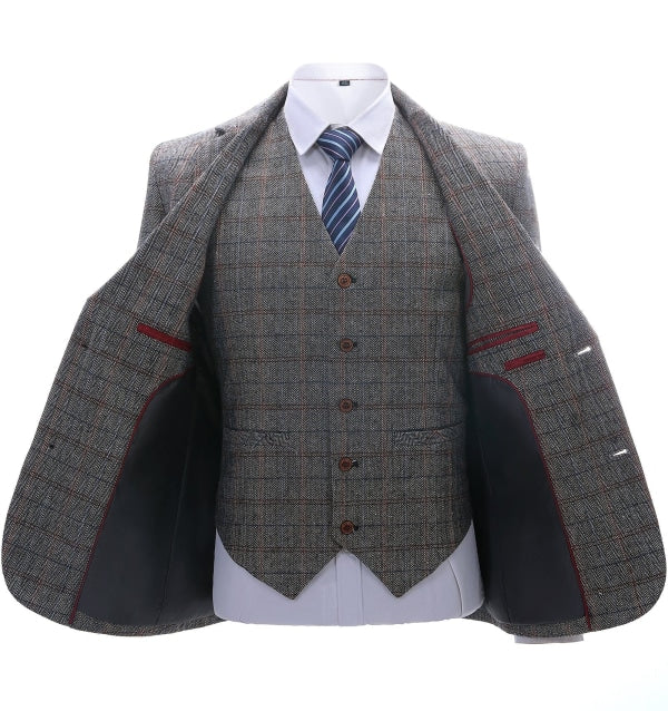 Men's Business 3 Pieces Formal Grey Plaid Tweed Notch Lapel Suit (Blazer+vest+Pants) Adam Reed