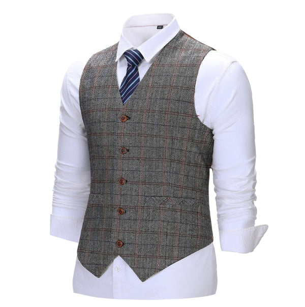 Men's Business 3 Pieces Formal Grey Plaid Tweed Notch Lapel Suit (Blazer+vest+Pants) Adam Reed