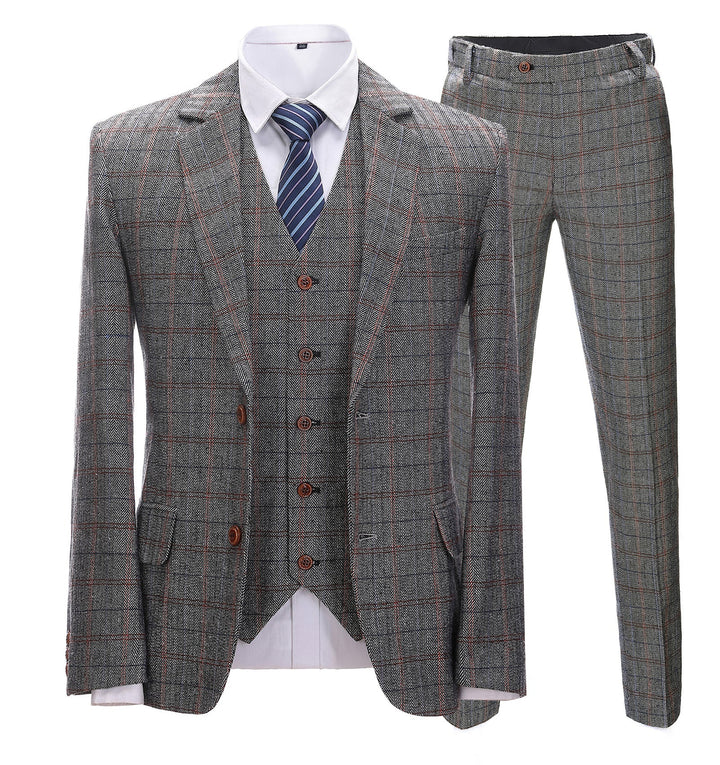 Men's Business 3 Pieces Formal Grey Plaid Tweed Notch Lapel Suit (Blazer+vest+Pants) Adam Reed