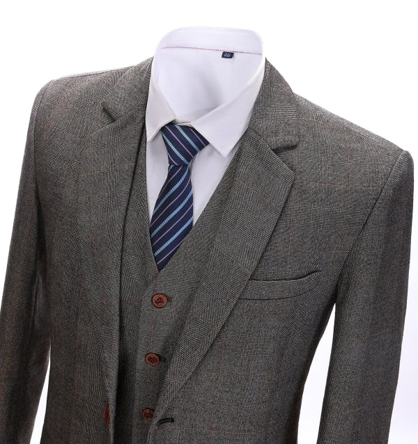 Men's Business 3 Pieces Formal Grey Tweed Notch Lapel Suit (Blazer+vest+Pants) Adam Reed