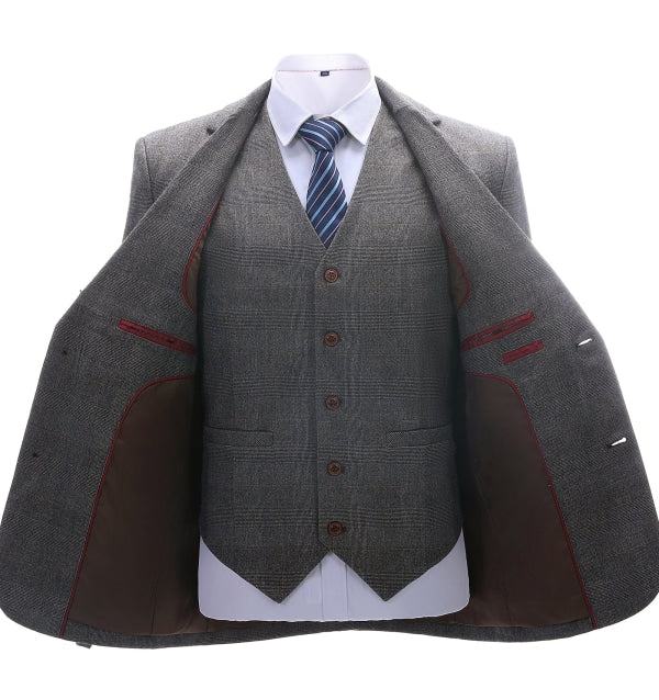 Men's Business 3 Pieces Formal Grey Tweed Notch Lapel Suit (Blazer+vest+Pants) Adam Reed