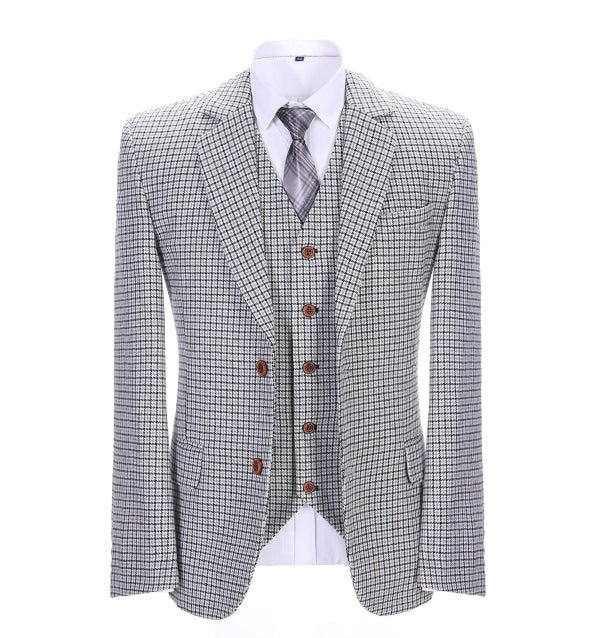 Men's Business 3 Pieces Formal Houndstooth Solid Notch Lapel Suit (Blazer+vest+Pants) Adam Reed