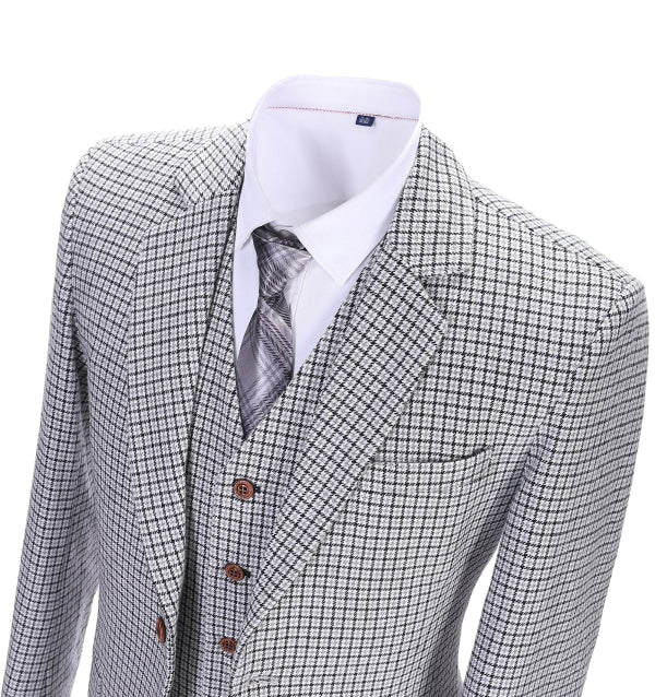 Men's Business 3 Pieces Formal Houndstooth Solid Notch Lapel Suit (Blazer+vest+Pants) Adam Reed