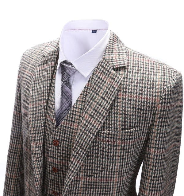 Men's Business 3 Pieces Formal Khaki Plaid Tweed Notch Lapel Suit (Blazer+vest+Pants) Adam Reed