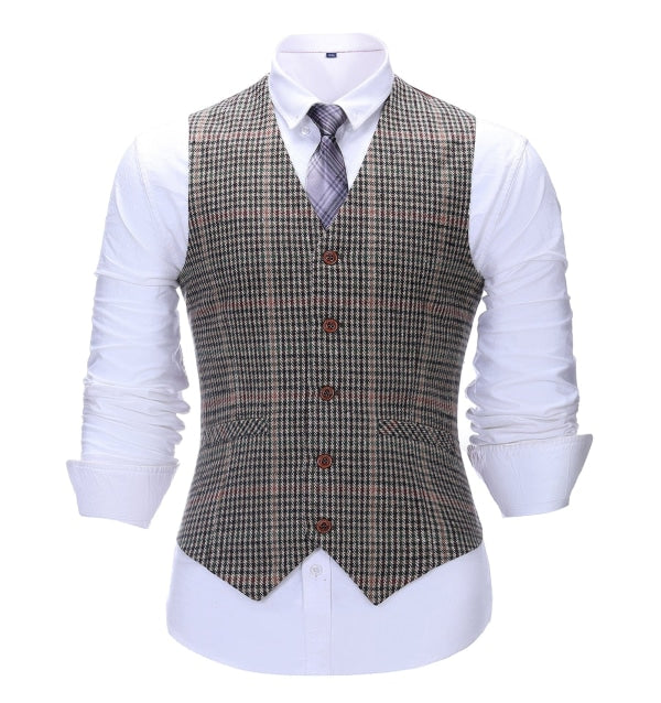 Men's Business 3 Pieces Formal Khaki Plaid Tweed Notch Lapel Suit (Blazer+vest+Pants) Adam Reed