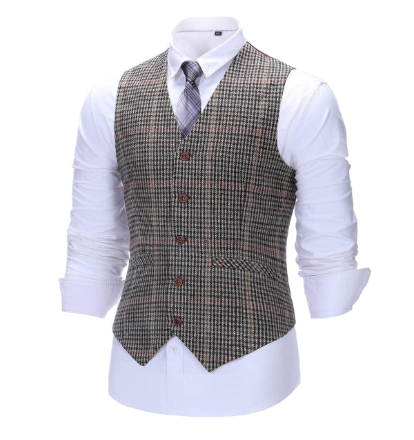 Men's Business 3 Pieces Formal Khaki Plaid Tweed Notch Lapel Suit (Blazer+vest+Pants) Adam Reed