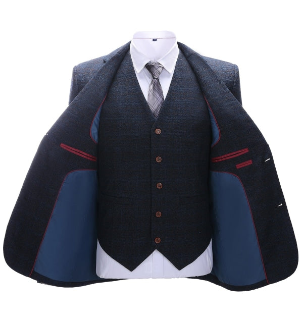Men's Business 3 Pieces Formal Navy Tweed Notch Lapel Suit (Blazer+vest+Pants) Adam Reed