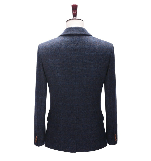 Men's Business 3 Pieces Formal Navy Tweed Notch Lapel Suit (Blazer+vest+Pants) Adam Reed