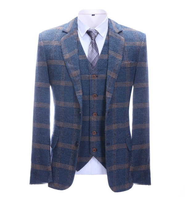 Men's Business 3 Pieces Formal Royal Blue Plaid Tweed Notch Lapel Suit (Blazer+vest+Pants) Adam Reed
