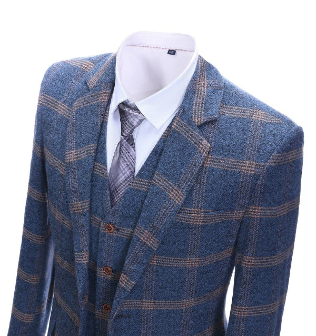 Men's Business 3 Pieces Formal Royal Blue Plaid Tweed Notch Lapel Suit (Blazer+vest+Pants) Adam Reed